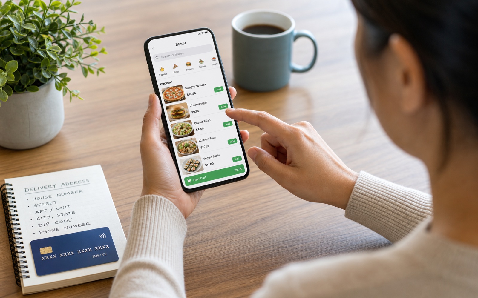 A person choosing a meal in a food ordering app on a smartphone
