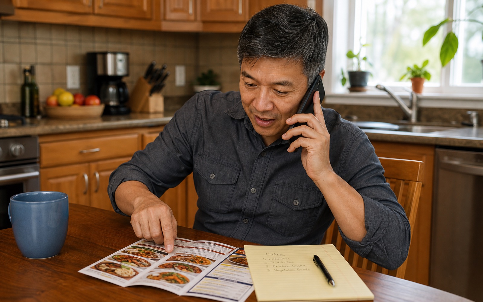 A person ordering food from a restaurant by phone