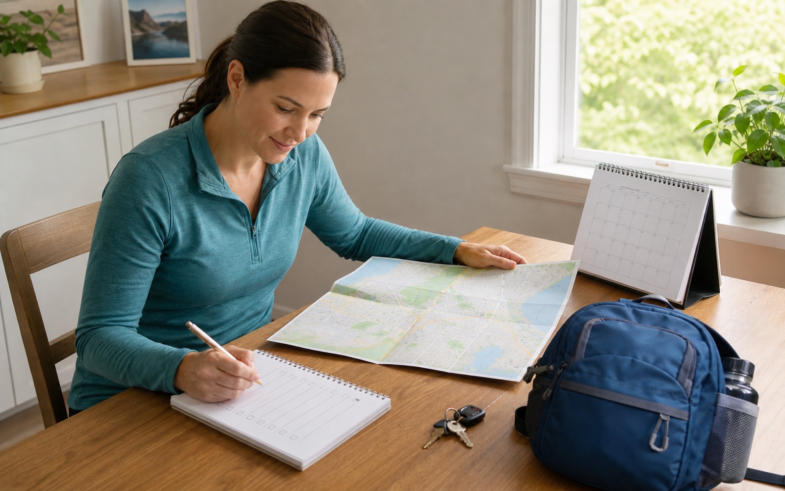 Two people planning an outing with a map, calendar, and notebook