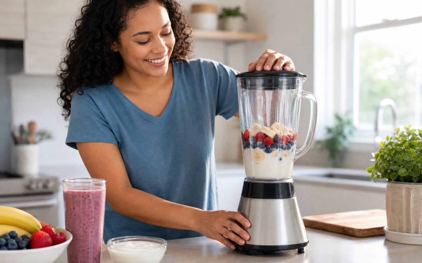 A person blending fruit into a smoothie