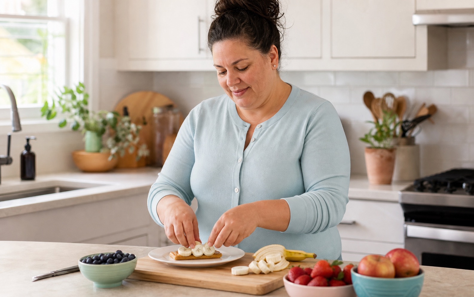 A person preparing a fruit snack in a bright kitchen