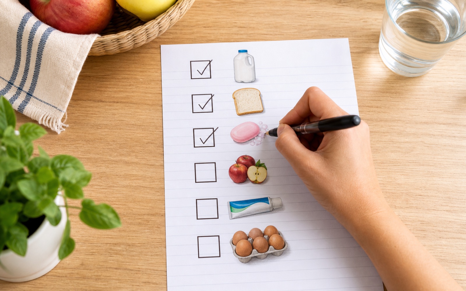 A hand writing a checklist with clear list items