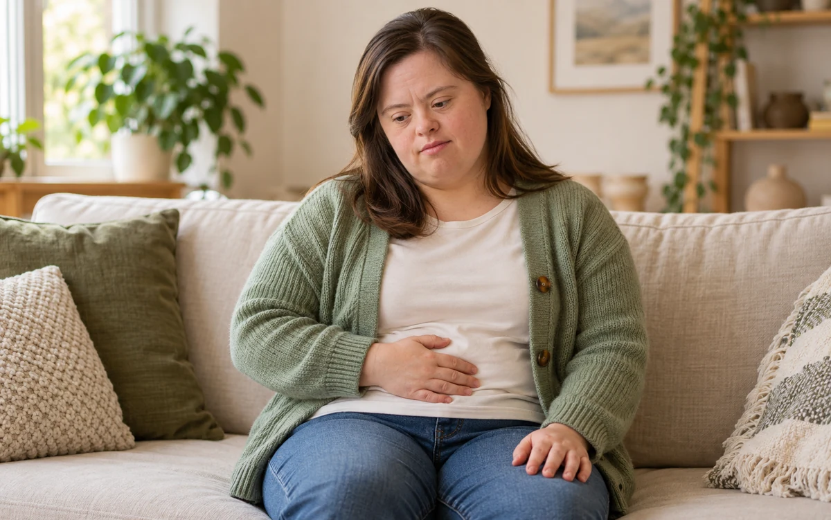 An adult woman with Down syndrome resting a hand on her stomach as she checks how her body feels