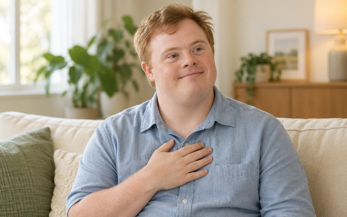 An adult man with Down syndrome smiling gently with a hand over his chest as he notices how he feels
