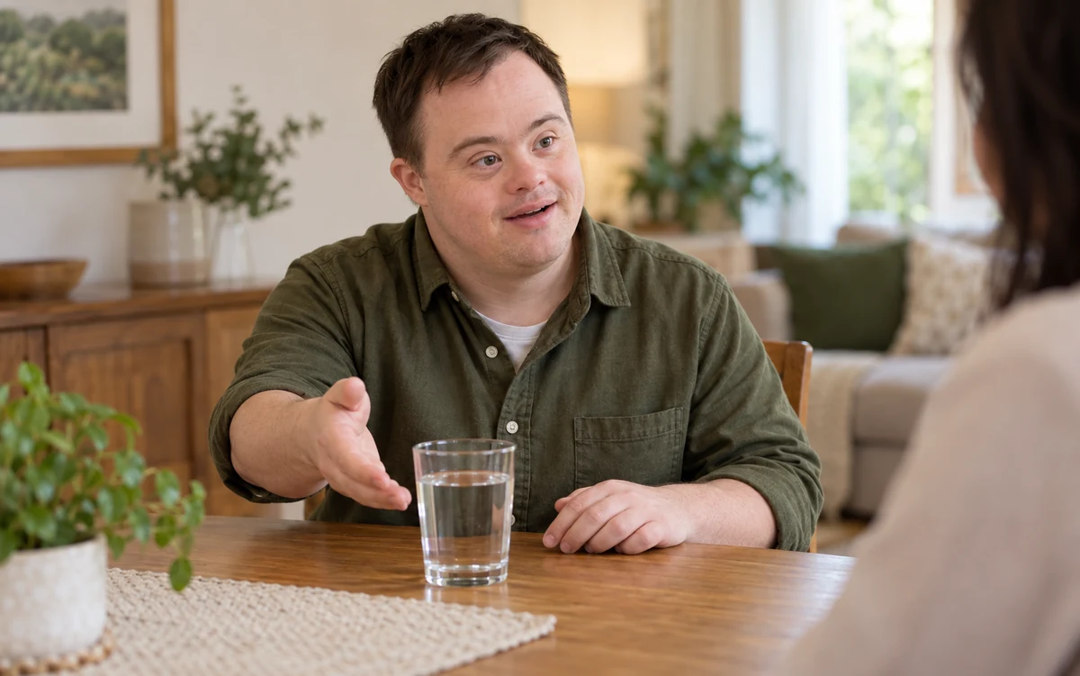 An adult man with Down syndrome gesturing toward a glass of water while expressing what he needs
