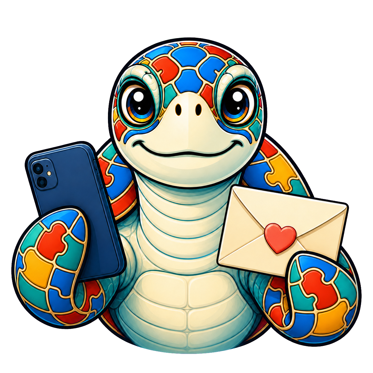 The HumanLink turtle holding a phone and an envelope