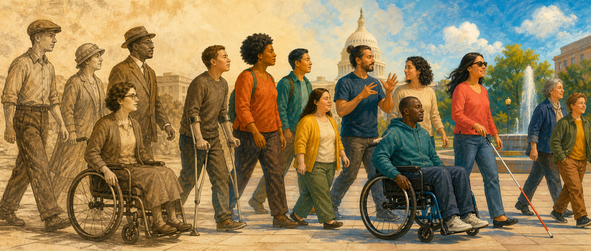 A painted scene of disabled advocates and allies moving together from a sepia-toned past into the colorful present