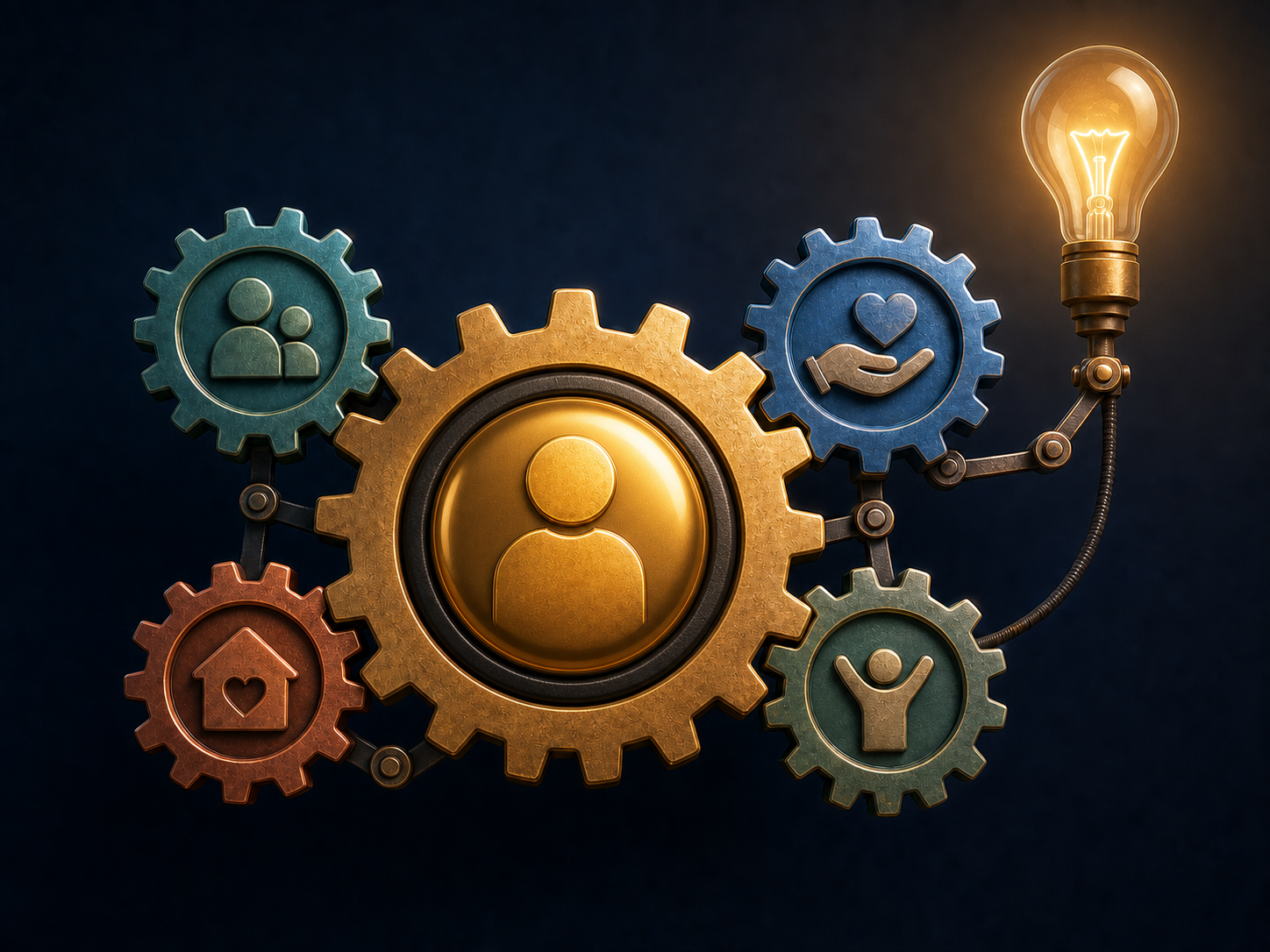 A large central gear with a front-facing gold button showing you, connected to four smaller support gears and a glowing light bulb
