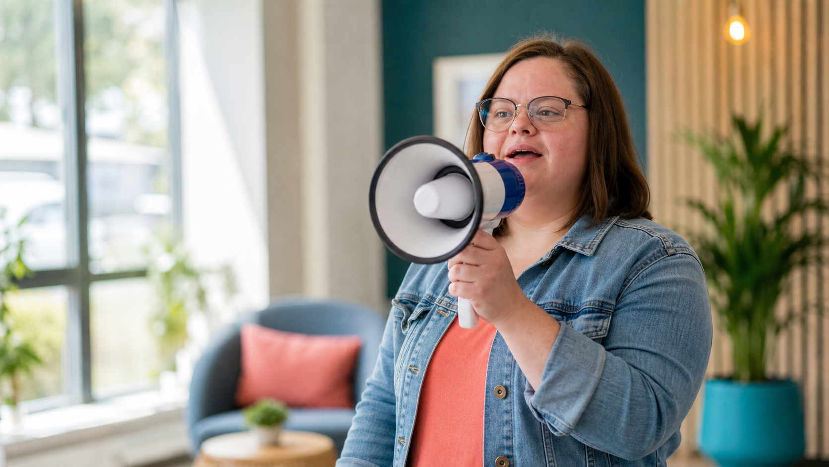 An adult woman with Down syndrome confidently speaking through a megaphone