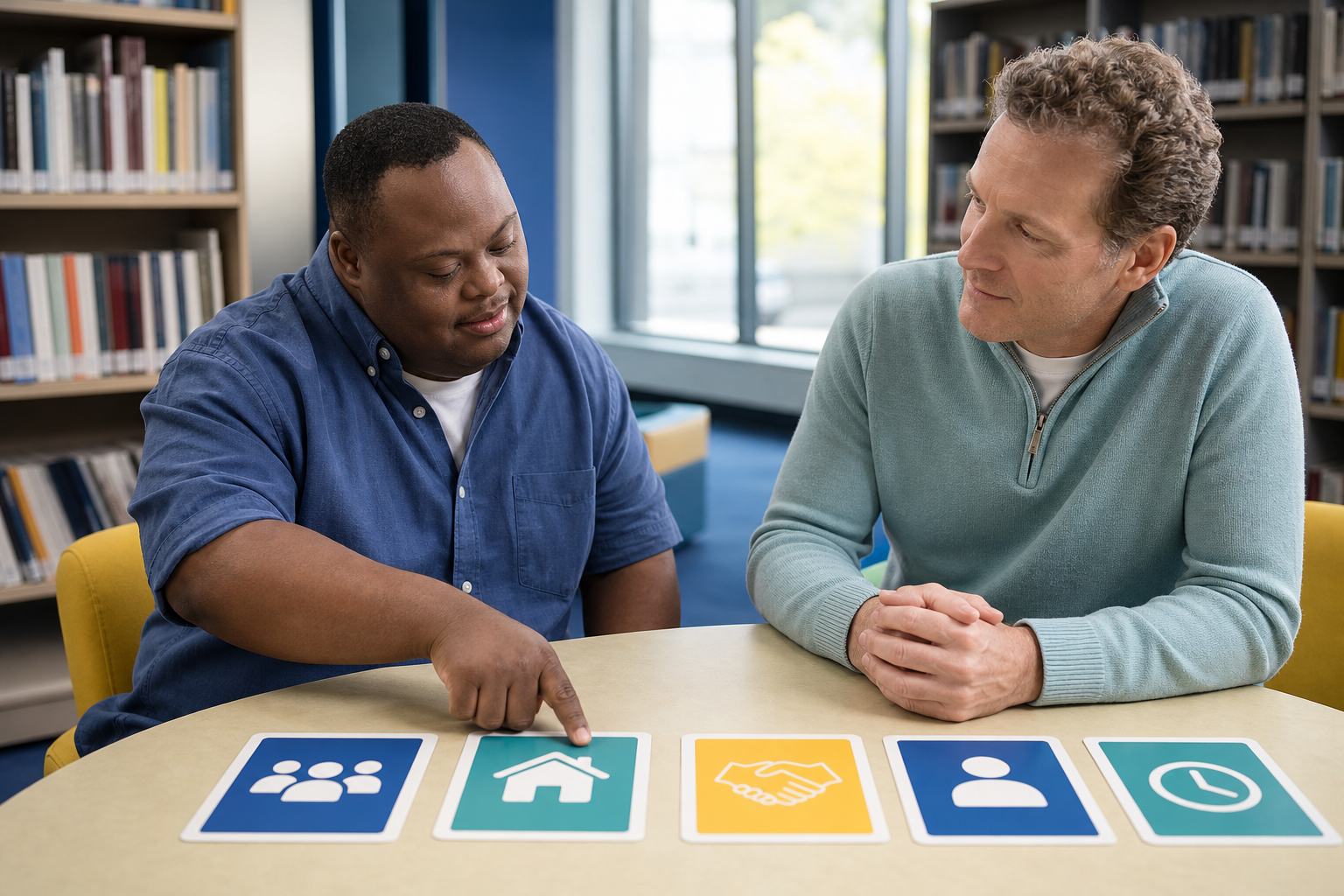A man with Down syndrome choosing between visual options while a support partner listens