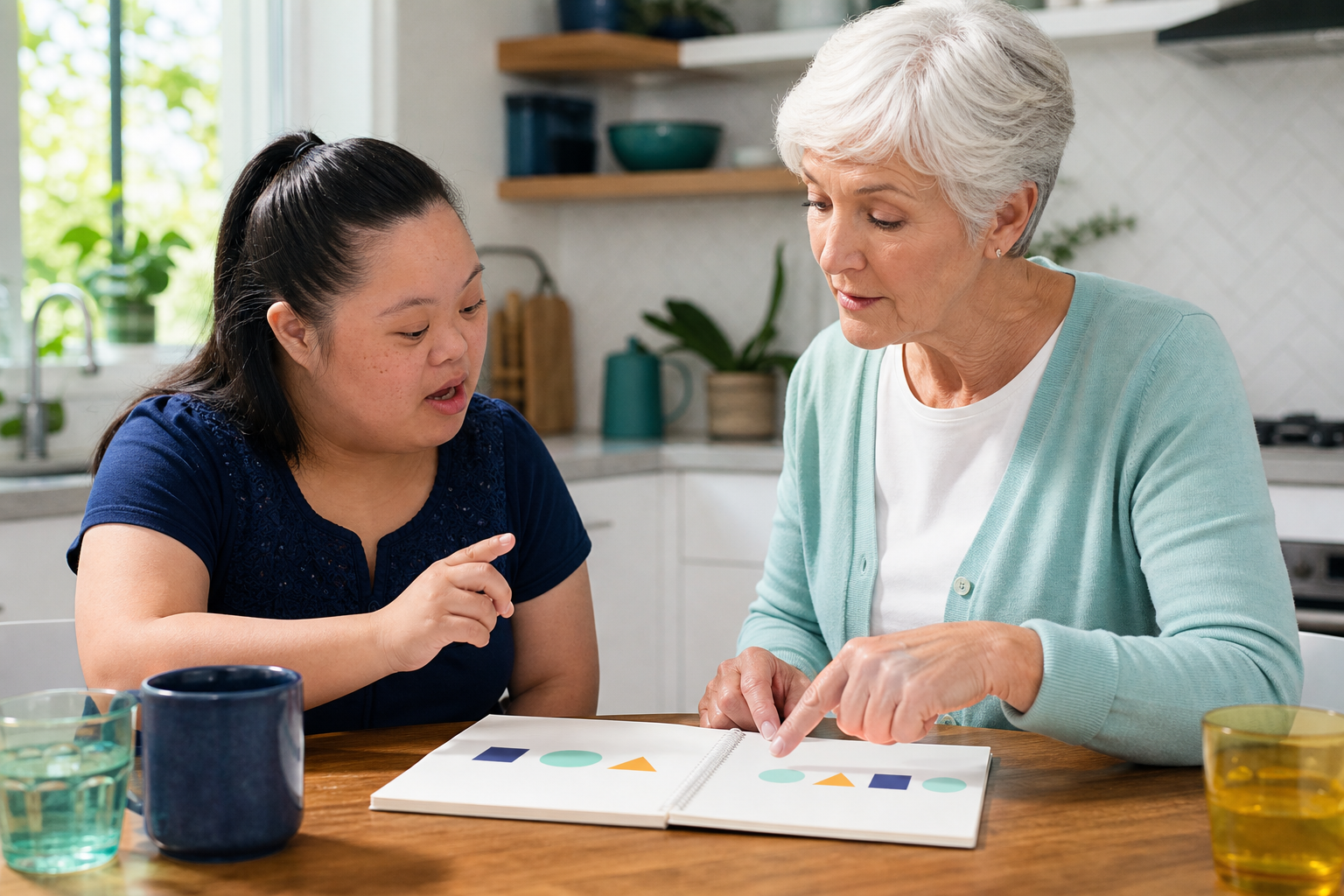 An Asian woman with Down syndrome reviewing a simple visual sequence with an older white woman