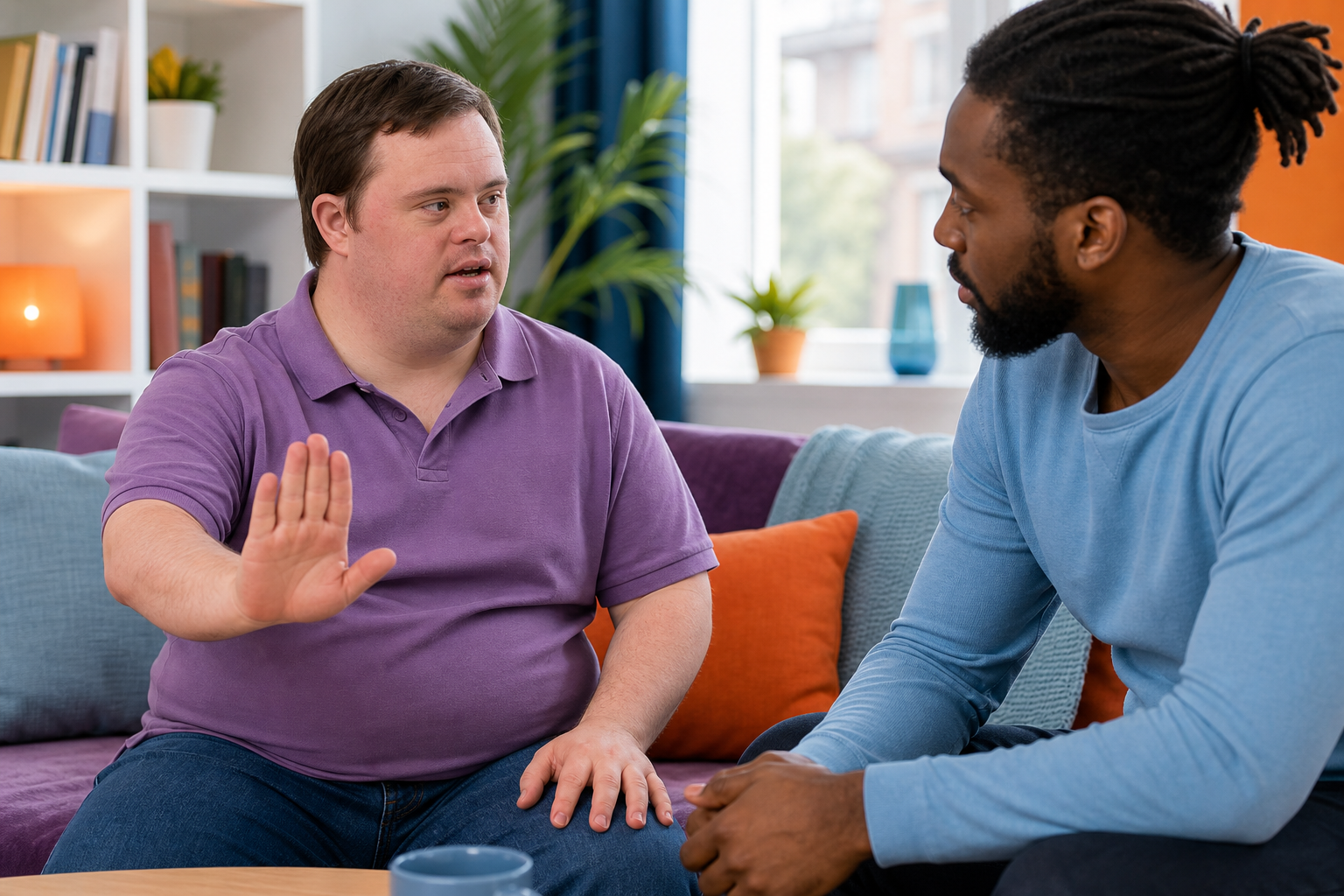A man with Down syndrome speaking up while a support partner listens respectfully