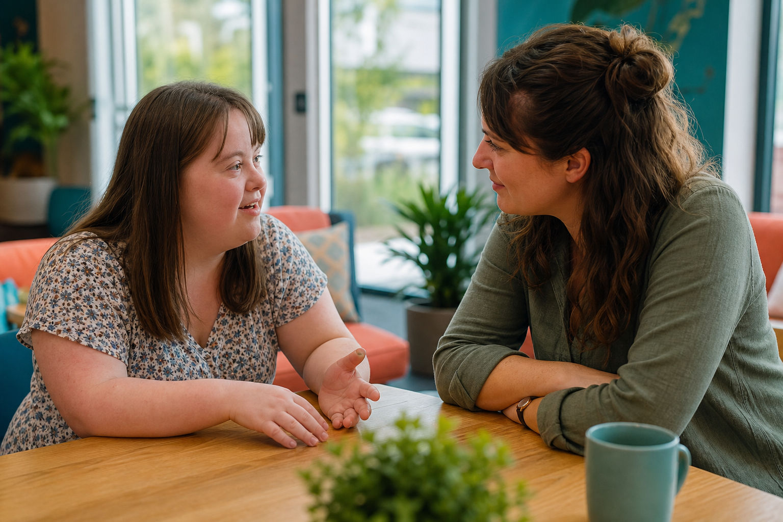 A woman with Down syndrome sharing what is happening while a trusted friend listens